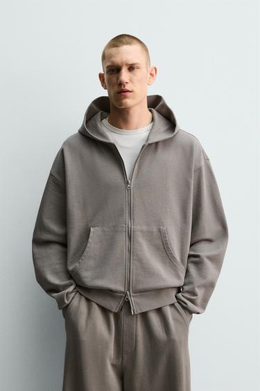 WASHED ZIP-UP HOODIE - Light grey by Zara