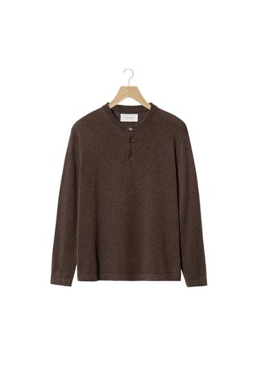 COTTON BLEND HENLEY NECK JUMPER - Chocolate by Zara