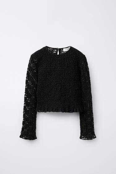 LACE ELASTICATED TOP - Black by Zara