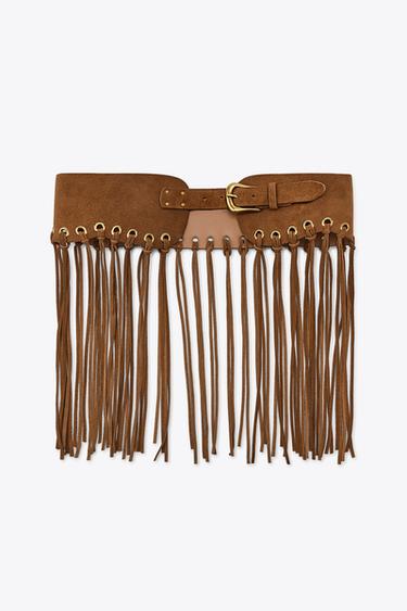 LEATHER FRINGED CUMMERBUND BELT - camel by Zara