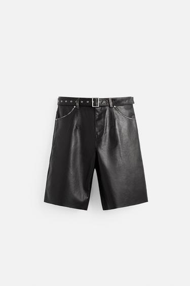 LEATHER-EFFECT BERMUDA SHORTS WITH BELT - Black / Brown by Zara
