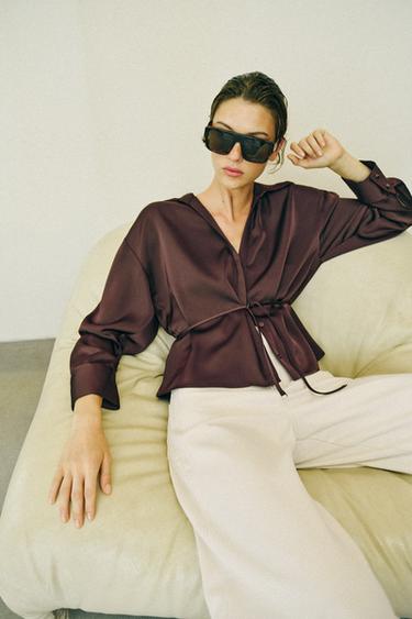 SATIN BLOUSE WITH BELT - Chocolate brown by Zara