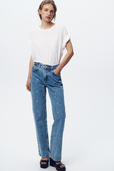 Z1975 STRAIGHT HIGH-WAIST LONG LENGTH JEANS WITH EYELET DETAIL - Mid-blue by Zara - Image 0