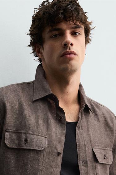 100% LINEN REGULAR FIT SHIRT - Brown marl by Zara