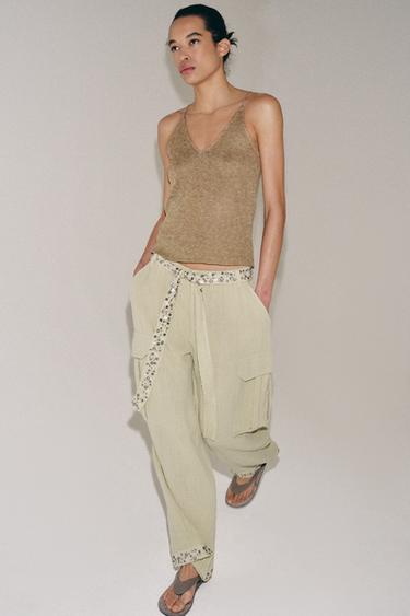 ZW COLLECTION SEQUIN CARGO TROUSERS - Light khaki by Zara