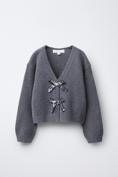 CARDIGAN WITH V-NECK AND SHINY BOWS - Grey by Zara