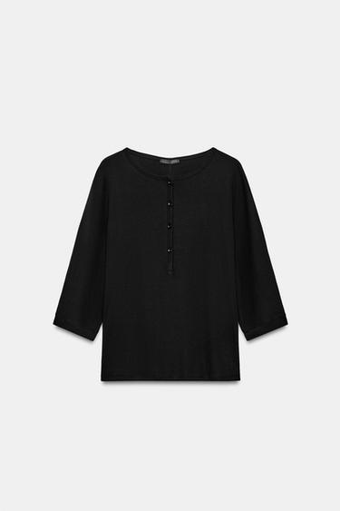 COTTON HENLEY T-SHIRT - Black by Zara