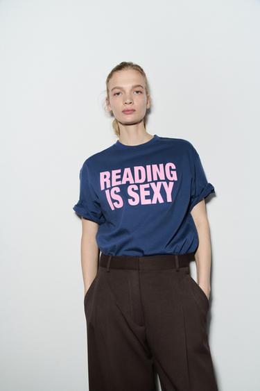 OVERSIZE T-SHIRT WITH SLOGAN - Blue marl by Zara