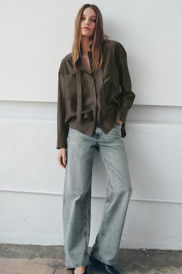 SHIRT WITH POCKETS AND BOW ZW COLLECTION - Brown / Taupe by Zara