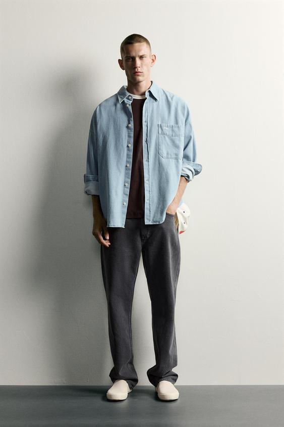 EMBROIDERED RELAXED FIT DENIM SHIRT - Sky blue by Zara - Image 0
