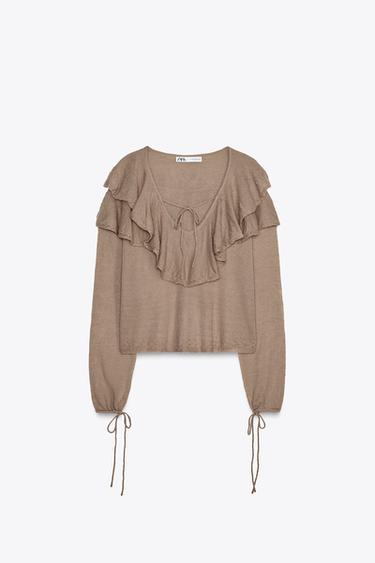 RUFFLED KNIT TOP - Brown / Taupe by Zara