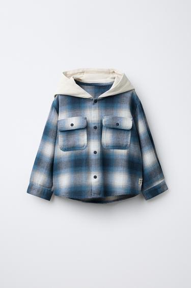FLEECE HOODED CHECK OVERSHIRT - Blue by Zara - Image 0