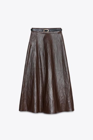 FAUX LEATHER MIDI SKIRT WITH BELT - Burgundy by Zara