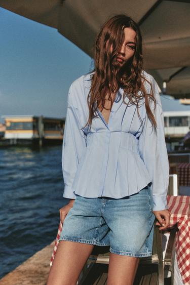 POPLIN SHIRT WITH PLEATS - Light blue by Zara
