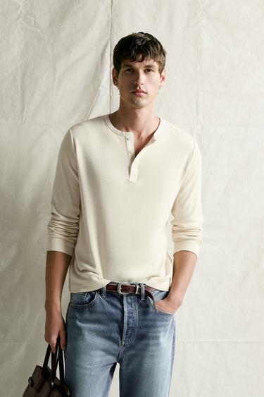 COTTON - LINEN HENLEY - Light beige by Zara