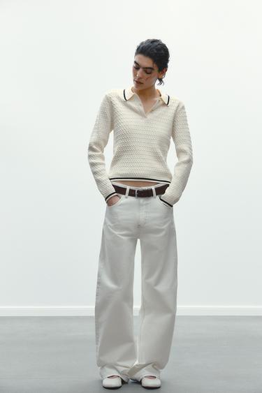 CABLE KNIT POLO NECK JUMPER - Ecru / Navy by Zara