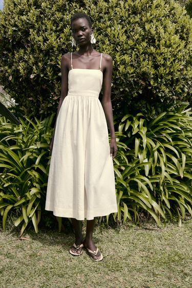 BEADED STRAPPY LINEN BLEND MIDI DRESS - Ecru by Zara - Image 0