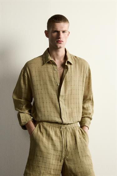 RELAXED FIT JACQUARD CHECKED LINEN/COTTON SHIRT - Light khaki by Zara