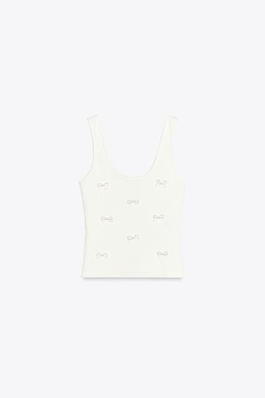T-SHIRT WITH RHINESTONE AND FAUX PEARL BOWS - White by Zara - Image 0