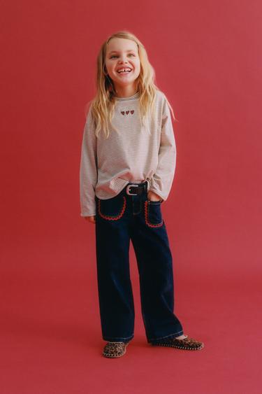 STRIPED T-SHIRT WITH EMBROIDERED HEARTS - Black / Ecru by Zara