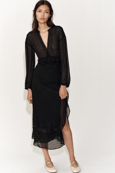 RUFFLED DOTTED MESH DRESS - Black by Zara - Image 0