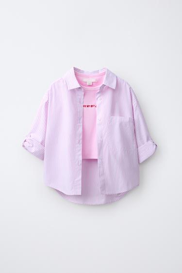 STRIPED SHIRT AND EMBROIDERED RIB T-SHIRT PACK - Pink by Zara