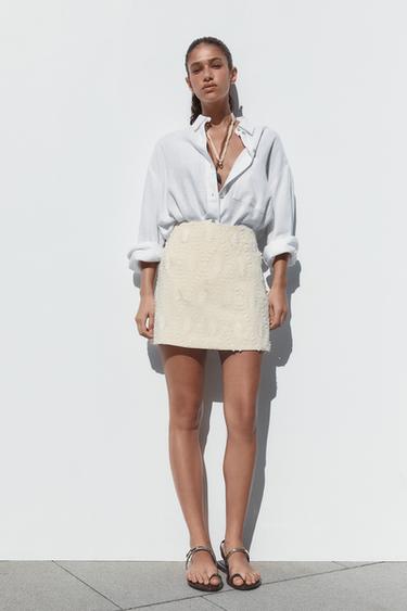 MINI SKIRT WITH FRAYED EMBROIDERY - Ecru by Zara - Image 0