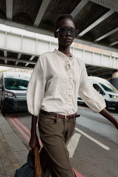 STRIPED SHIRT WITH RUFFLES - Ecru / Brown by Zara