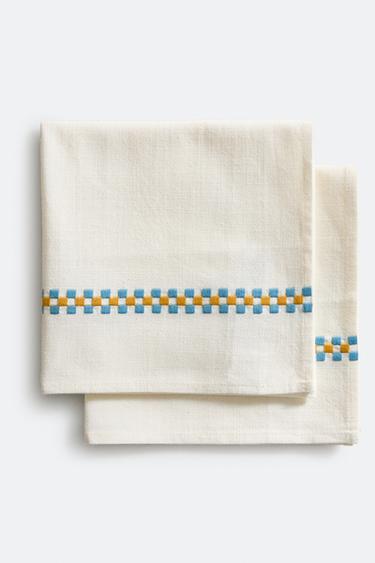 PACK OF COTTON NAPKINS WITH MULTICOLOURED BORDERS (PACK OF 2) - White / Green by Zara