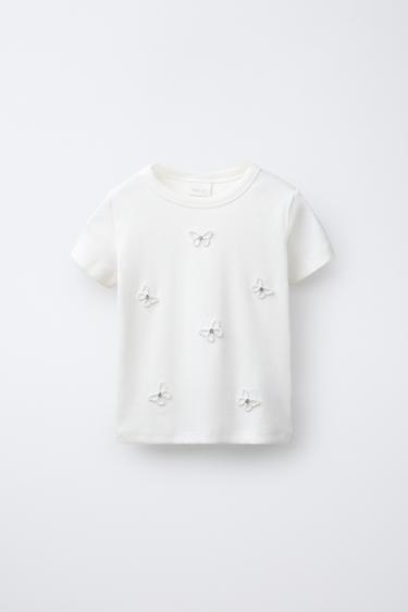 RIBBED T-SHIRT WITH JEWEL APPLIQUÉ - White by Zara