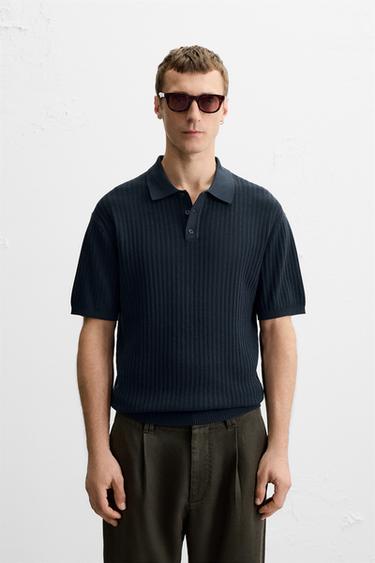 VERTICAL TEXTURED KNIT POLO SHIRT - Navy blue by Zara