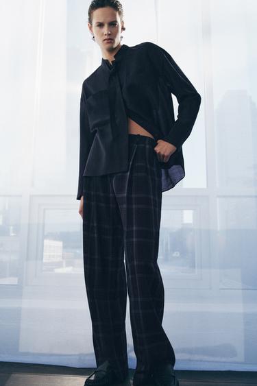 ZW COLLECTION CHECK WIDE-LEG TROUSERS - Navy blue by Zara
