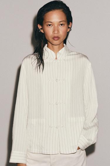 STRIPED SHIRT WITH FIREMAN CLASPS ZW COLLECTION - Ecru by Zara