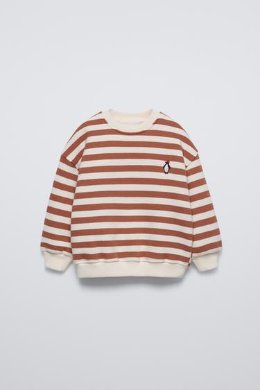 PENGUIN EMBROIDERY STRIPE SWEATSHIRT - Brown / Ecru by Zara - Image 0