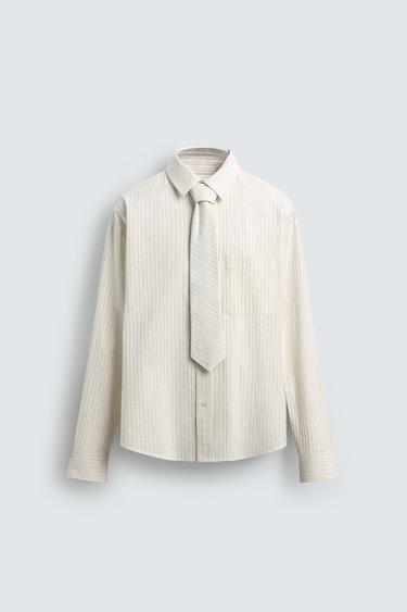 STRIPED SHIRT WITH CONTRAST TIE - Ecru by Zara