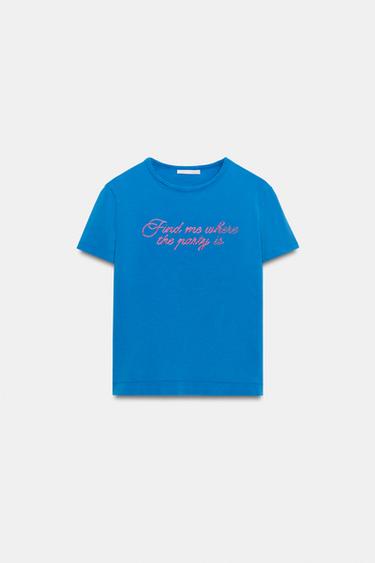 FADED-EFFECT SHINY SLOGAN T-SHIRT - Blue by Zara