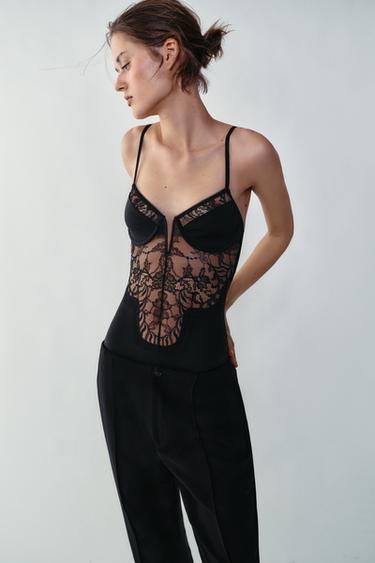 LACE-TRIMMED BODYSUIT - Black by Zara