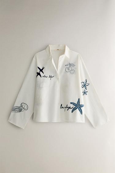 EMBROIDERED COTTON AND LINEN SHIRT - Blue by Zara