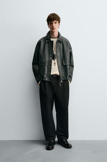 RELAXED FIT FAUX LEATHER JACKET - Dark green by Zara