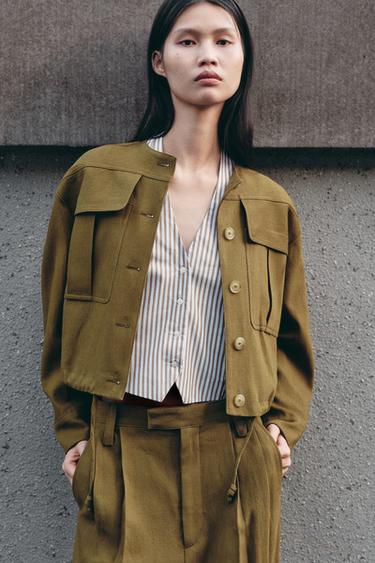ZW COLLECTION LINEN BLEND BOMBER JACKET - Olive green by Zara