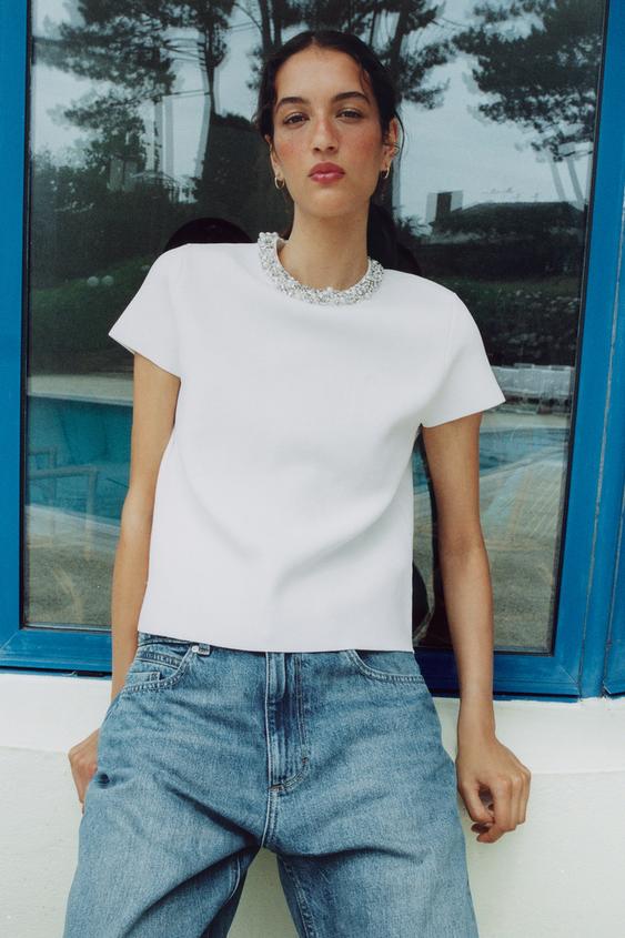 JEWEL-BEADED KNIT TOP - White by Zara - Image 0