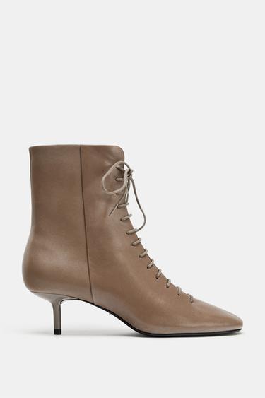 LEATHER LACE-UP ANKLE BOOTS - Taupe Grey by Zara