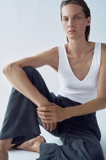 RIB V-NECK TOP - White by Zara
