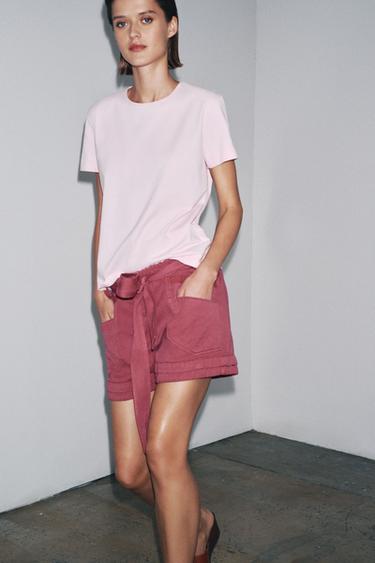 SHORT SLEEVE RUSTIC COTTON T-SHIRT - Chalk pink by Zara