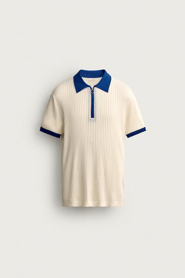 COLOUR BLOCK ZIP KNIT POLO SHIRT - Ecru by Zara