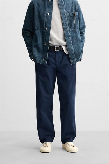 TEXTURED COTTON TROUSERS - Navy blue by Zara