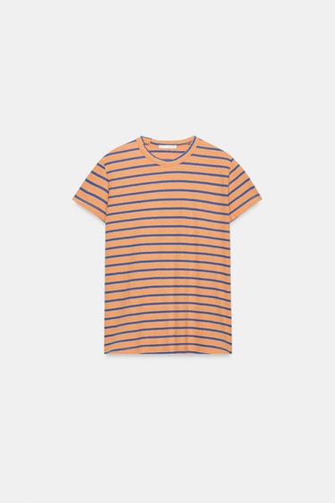 STRIPED COTTON AND LINEN T-SHIRT - Orange by Zara