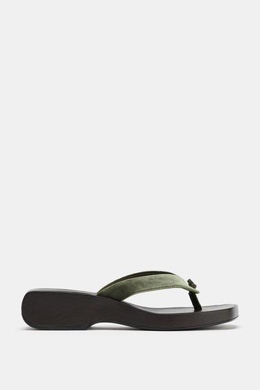 VELVET WEDGE SANDALS - KHAKI by Zara