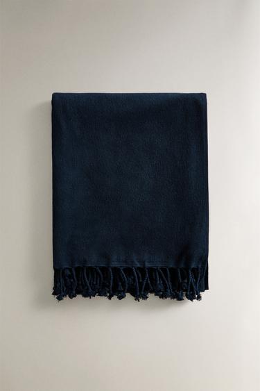 FRINGED COTTON BEACH TOWEL - Navy blue by Zara