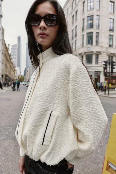 CONTRASTING TRIM BOMBER JACKET - Ecru by Zara